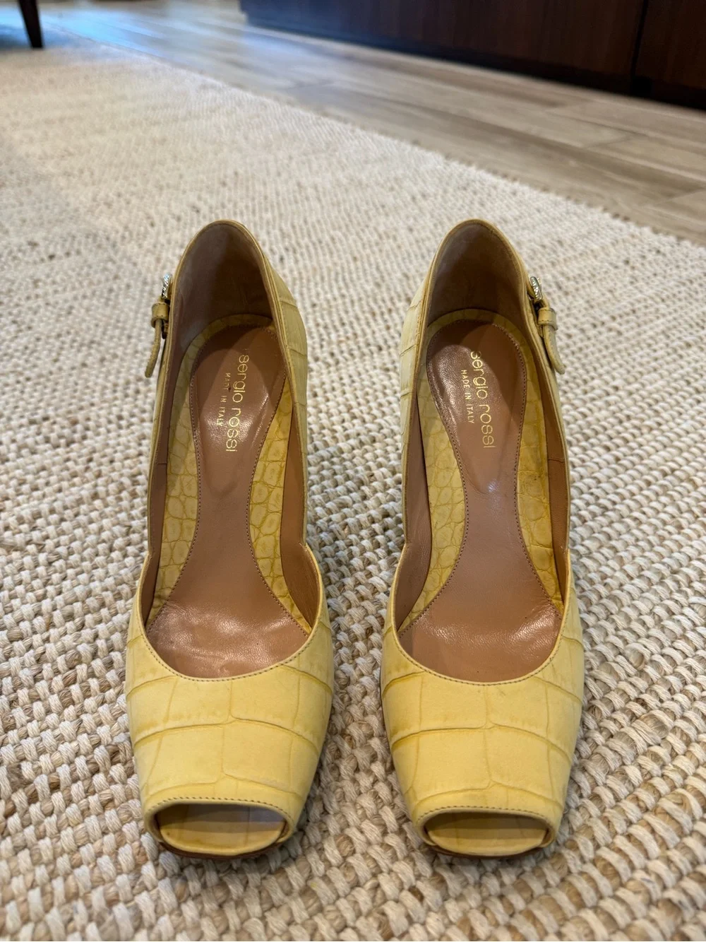 Sergio Rossi Yellow Croc-Embossed Peep-Toe Pumps